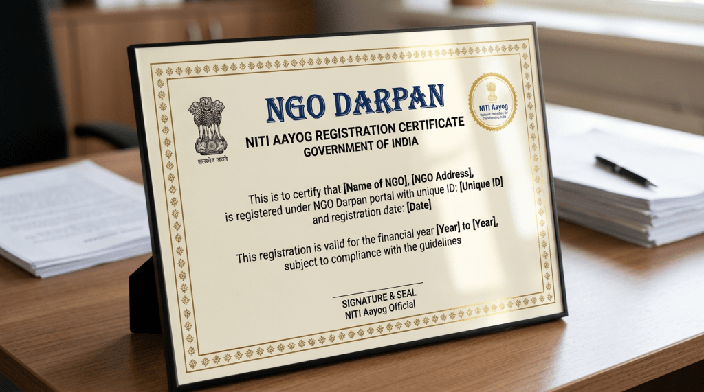 Certificate of NGO registration by NITI Aayog, Government of India